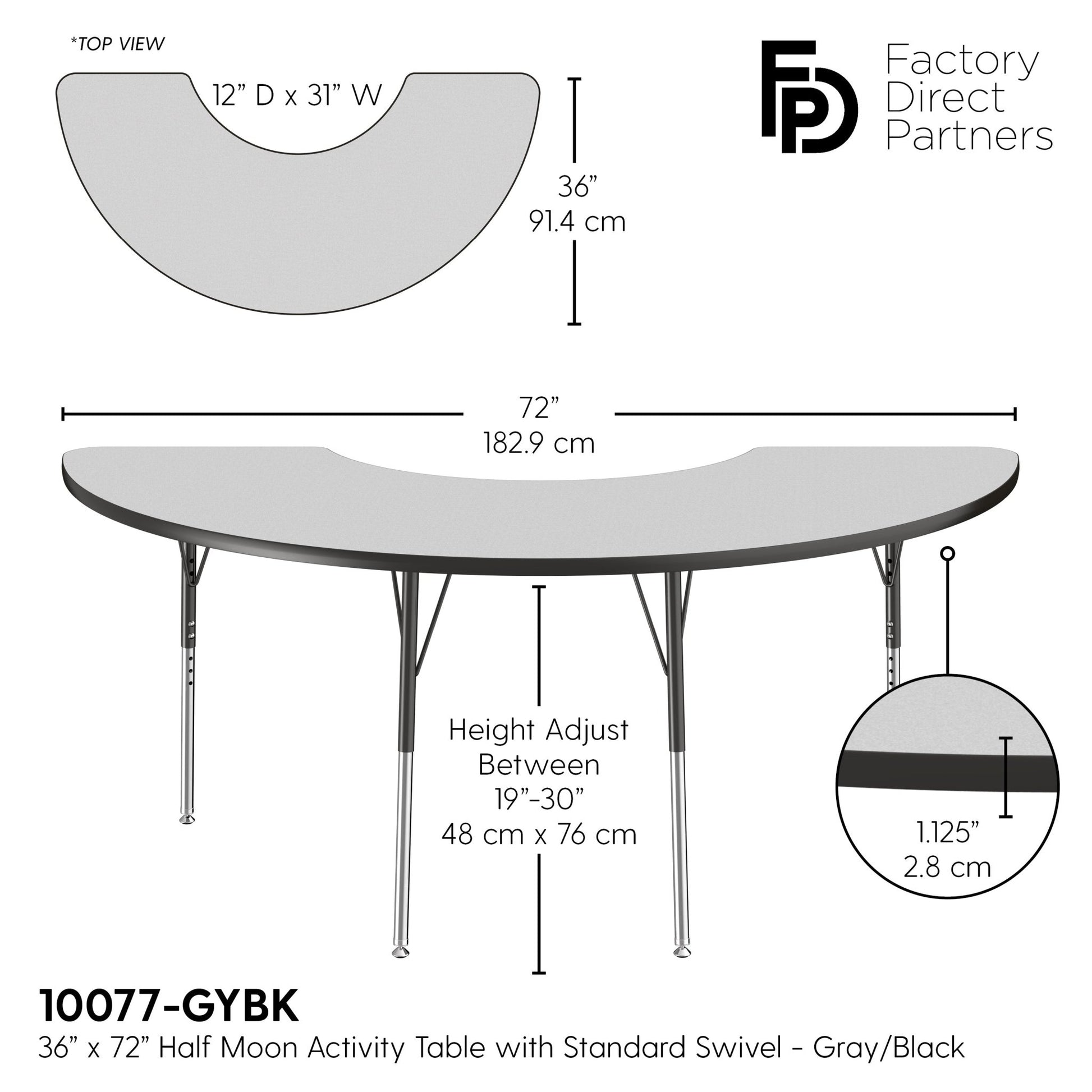 FDP 36" x 72" Half Moon T - Molding Activity Table with Adjustable Standard Swivel Glide Legs (FDP - 10077 - XX) - SchoolOutlet