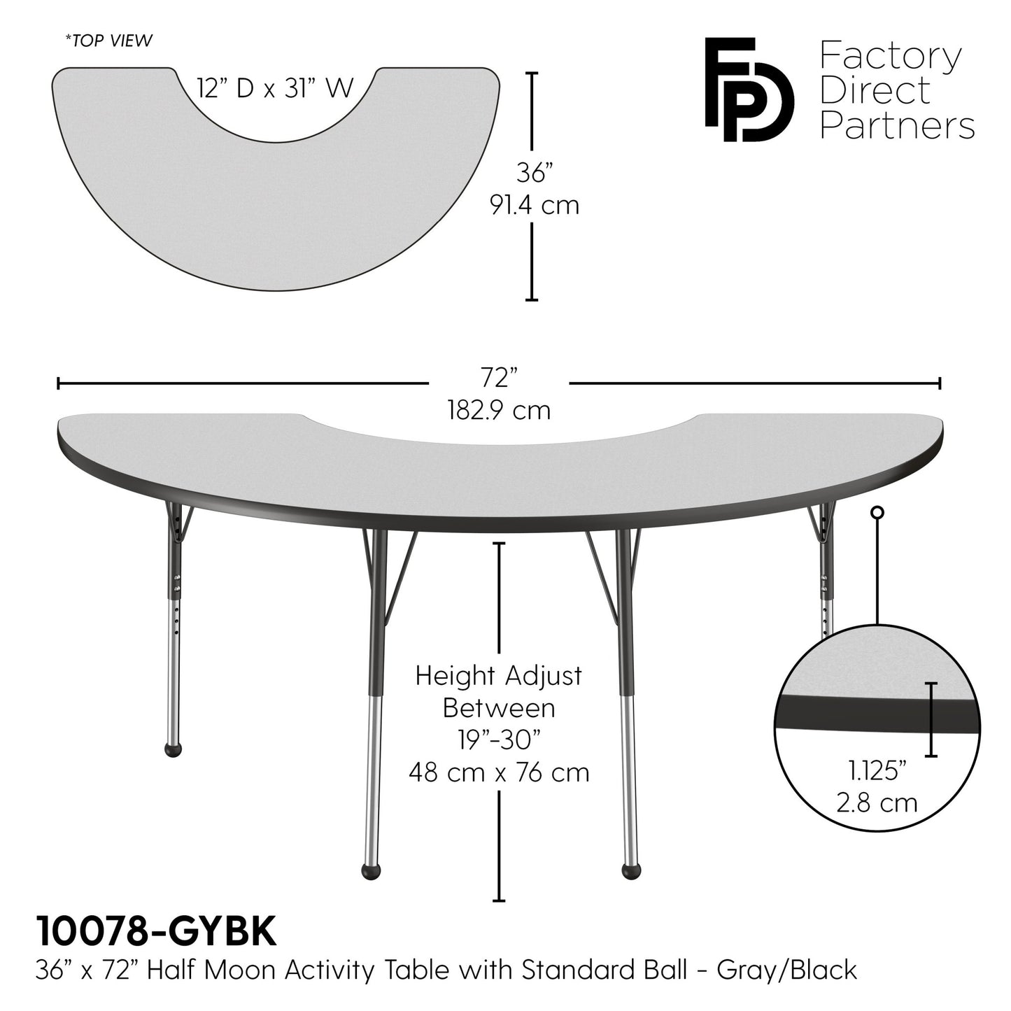FDP 36" x 72" Half Moon T - Molding Activity Table with Adjustable Standard Ball Glide Legs (FDP - 10078 - XX) - SchoolOutlet