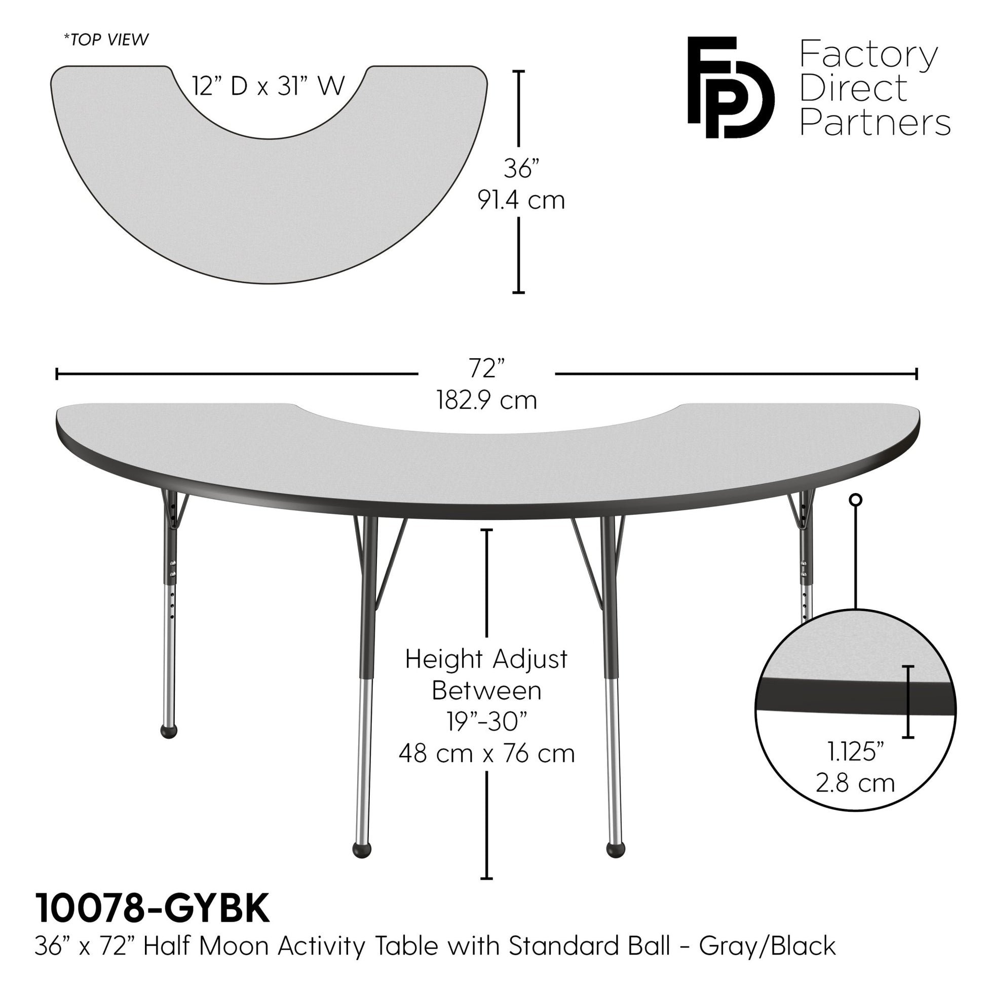 FDP 36" x 72" Half Moon T - Molding Activity Table with Adjustable Standard Ball Glide Legs (FDP - 10078 - XX) - SchoolOutlet