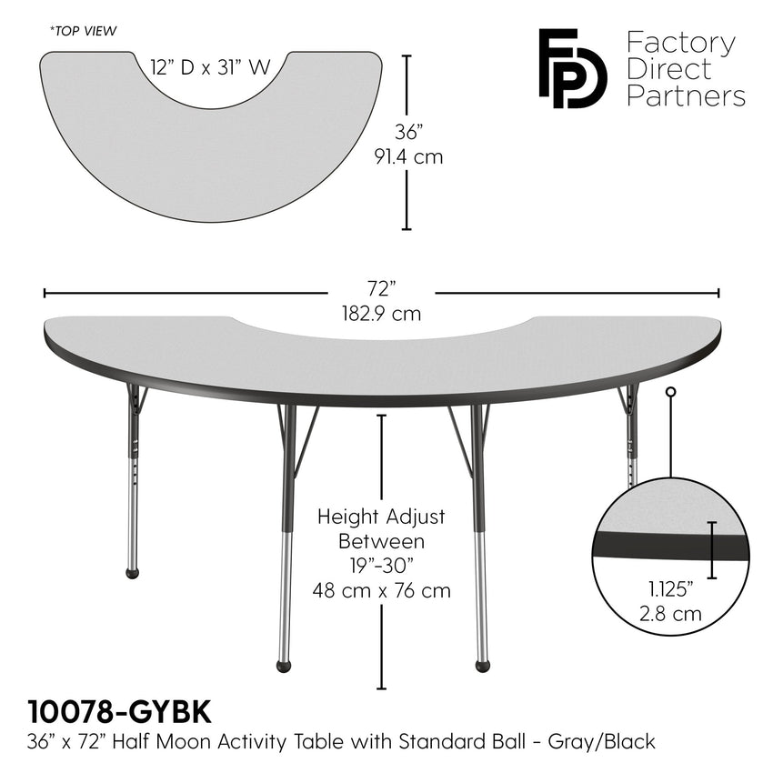FDP 36" x 72" Half Moon T - Molding Activity Table with Adjustable Standard Ball Glide Legs (FDP - 10078 - XX) - SchoolOutlet