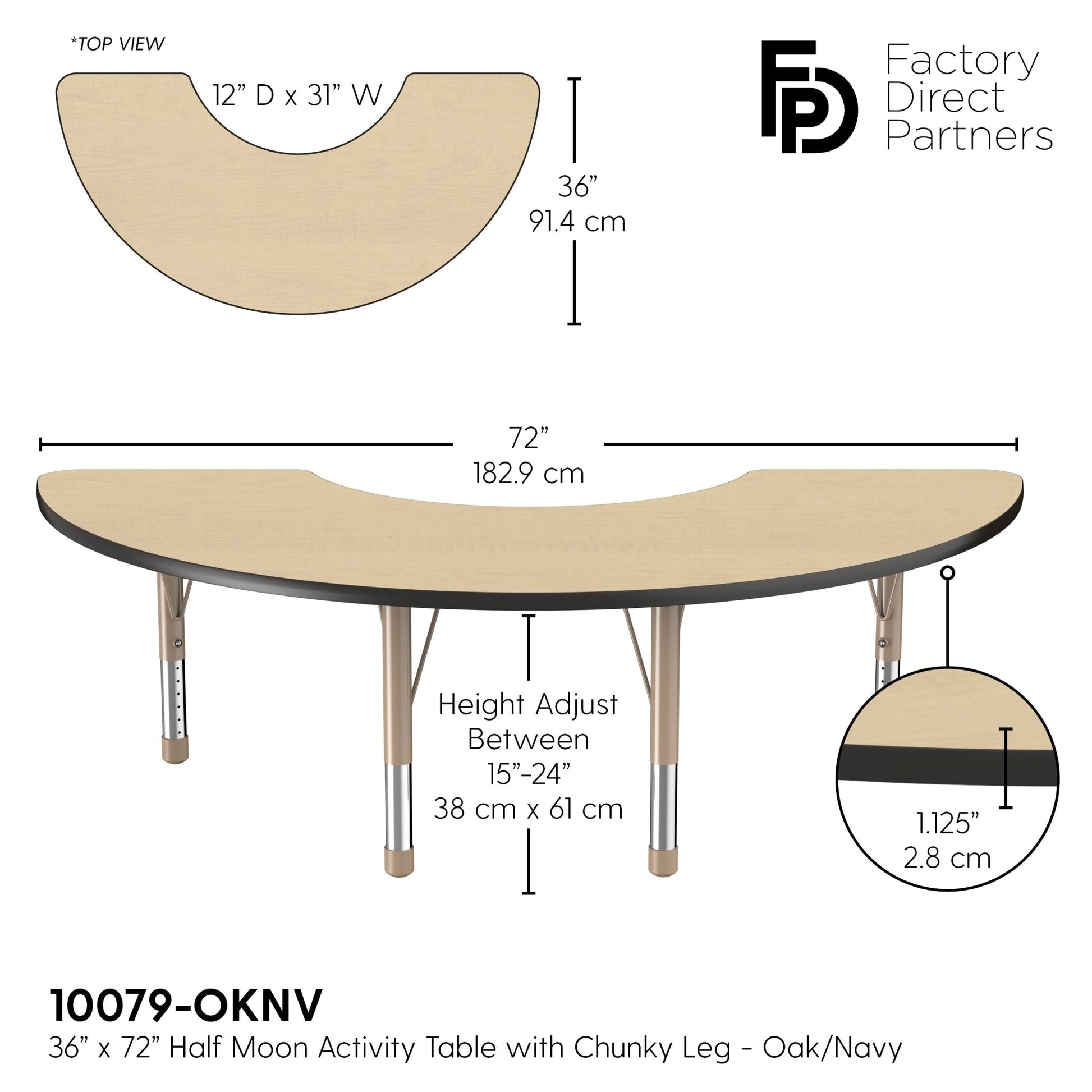 FDP 36" x 72" Half Moon T - Molding Activity Table with Adjustable Chunky Legs (FDP - 10079 - XX) - SchoolOutlet