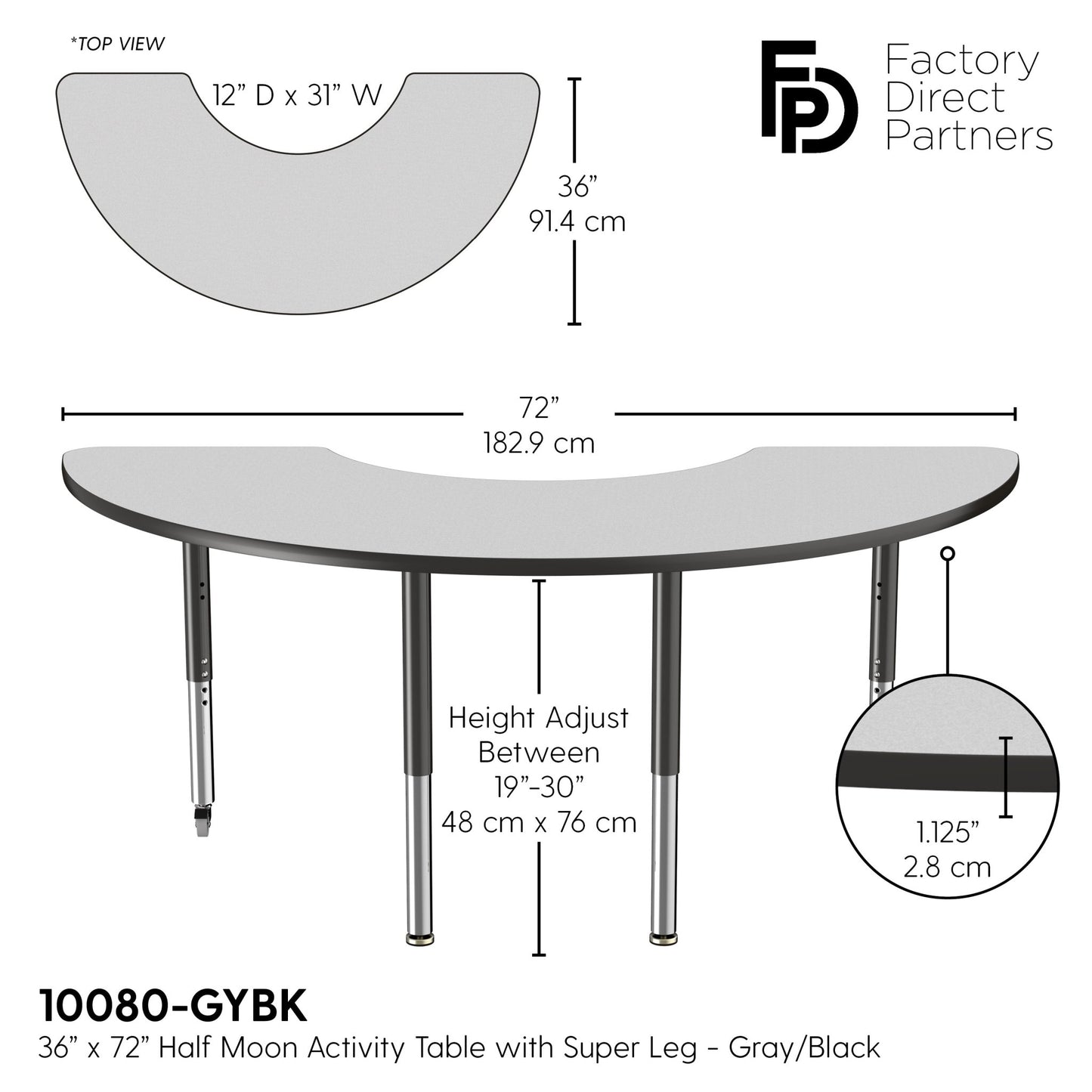 FDP 36" x 72" Half Moon T - Molding Activity Table with Adjustable Super Legs (FDP - 10080 - XX) - SchoolOutlet