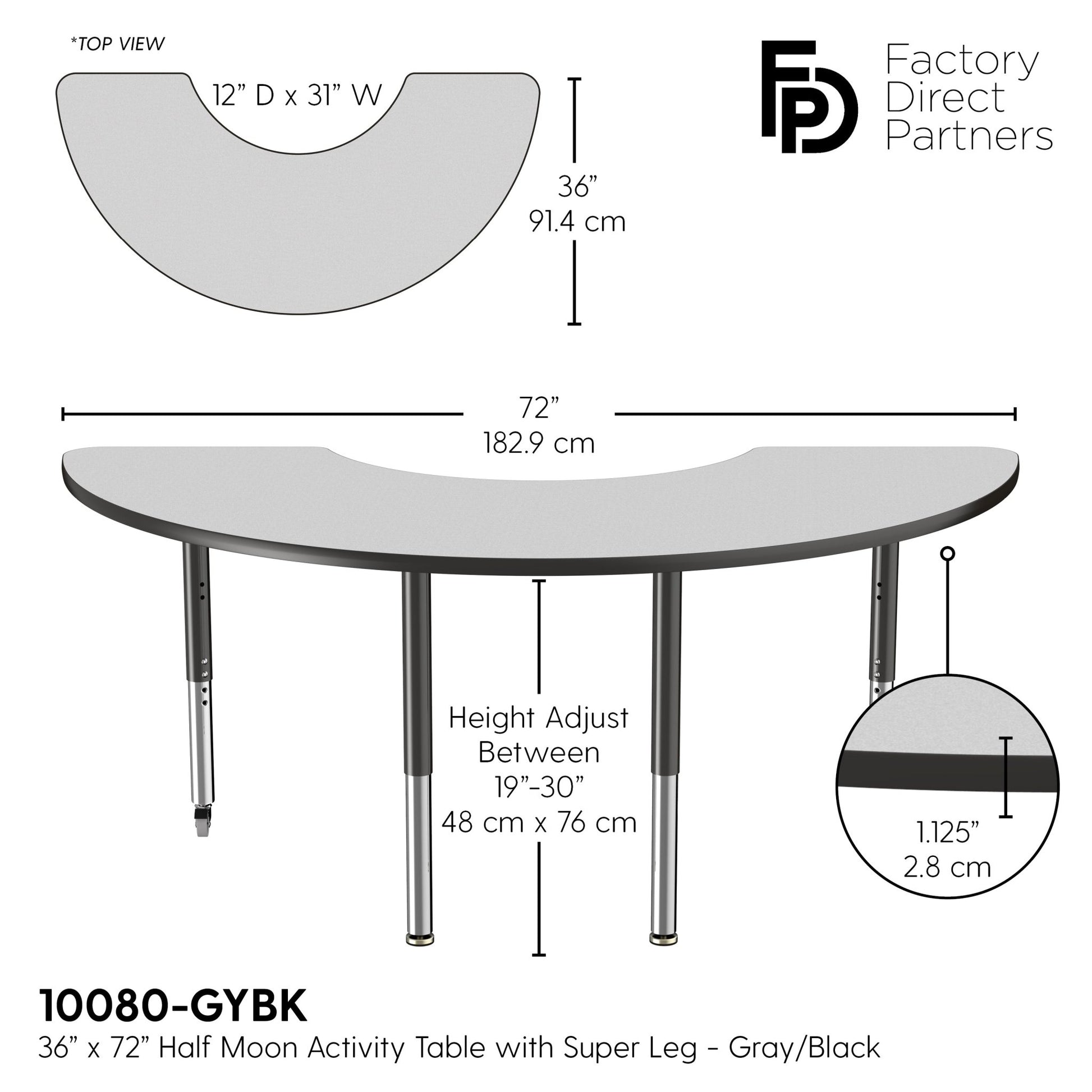 FDP 36" x 72" Half Moon T - Molding Activity Table with Adjustable Super Legs (FDP - 10080 - XX) - SchoolOutlet