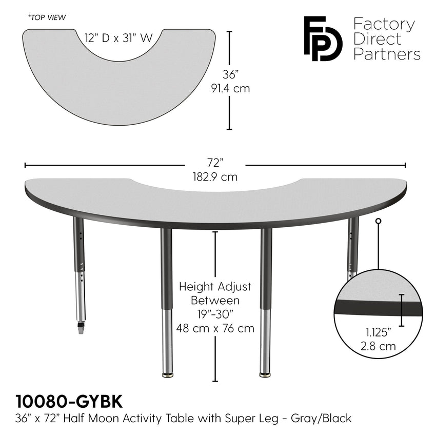 FDP 36" x 72" Half Moon T - Molding Activity Table with Adjustable Super Legs (FDP - 10080 - XX) - SchoolOutlet