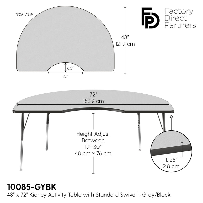 FDP 48" x 72" Kidney T - Molding Activity Table with Adjustable Standard Swivel Glide Legs (FDP - 10085 - XX) - SchoolOutlet