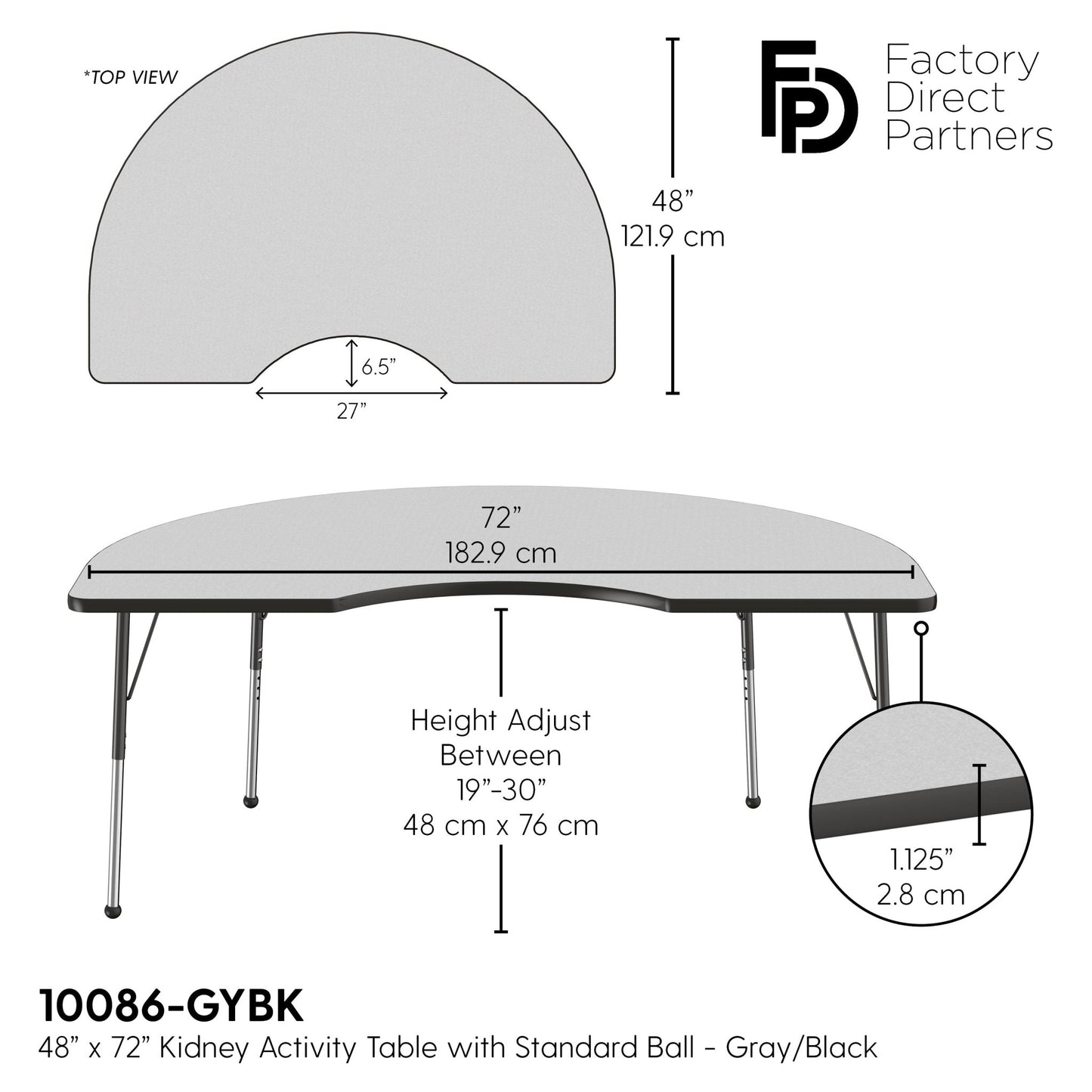 FDP 48" x 72" Kidney T - Molding Activity Table with Adjustable Standard Ball Glide Legs (FDP - 10086 - XX) - SchoolOutlet