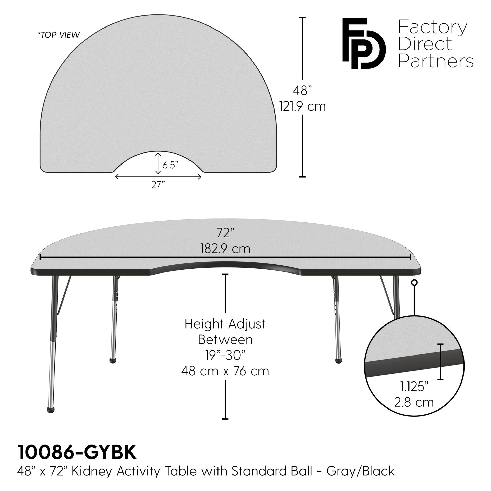 FDP 48" x 72" Kidney T - Molding Activity Table with Adjustable Standard Ball Glide Legs (FDP - 10086 - XX) - SchoolOutlet