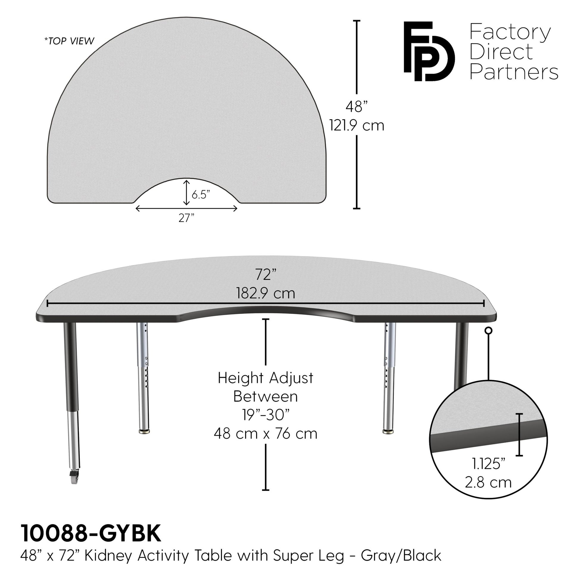 FDP 48" x 72" Kidney T - Molding Activity Table with Adjustable Super Legs (FDP - 10088 - XX) - SchoolOutlet