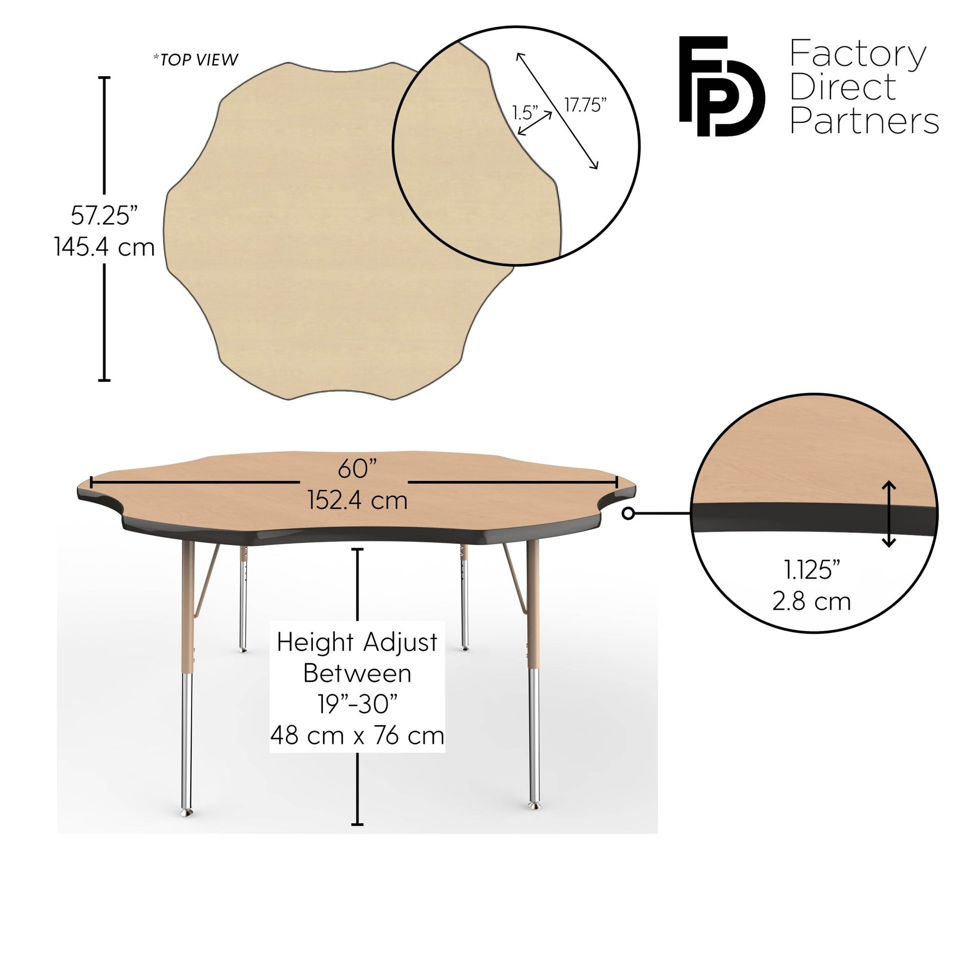 FDP 60" x 60" Flower T - Molding Activity Table with Adjustable Standard Swivel Glide Legs (FDP - 10089 - XX) - SchoolOutlet
