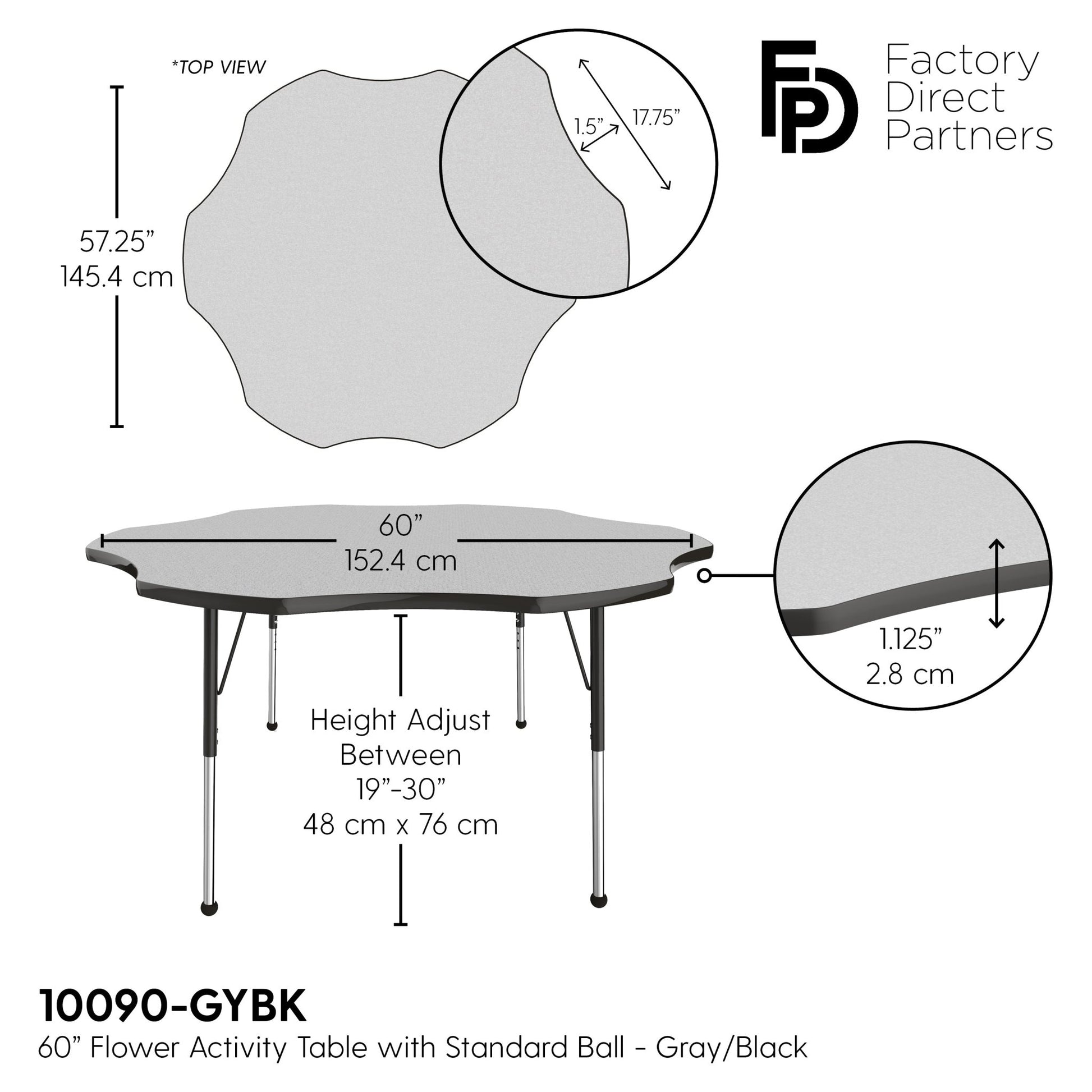 FDP 60" x 60" Flower T - Molding Activity Table with Adjustable Standard Ball Glide Legs (FDP - 10090 - XX) - SchoolOutlet