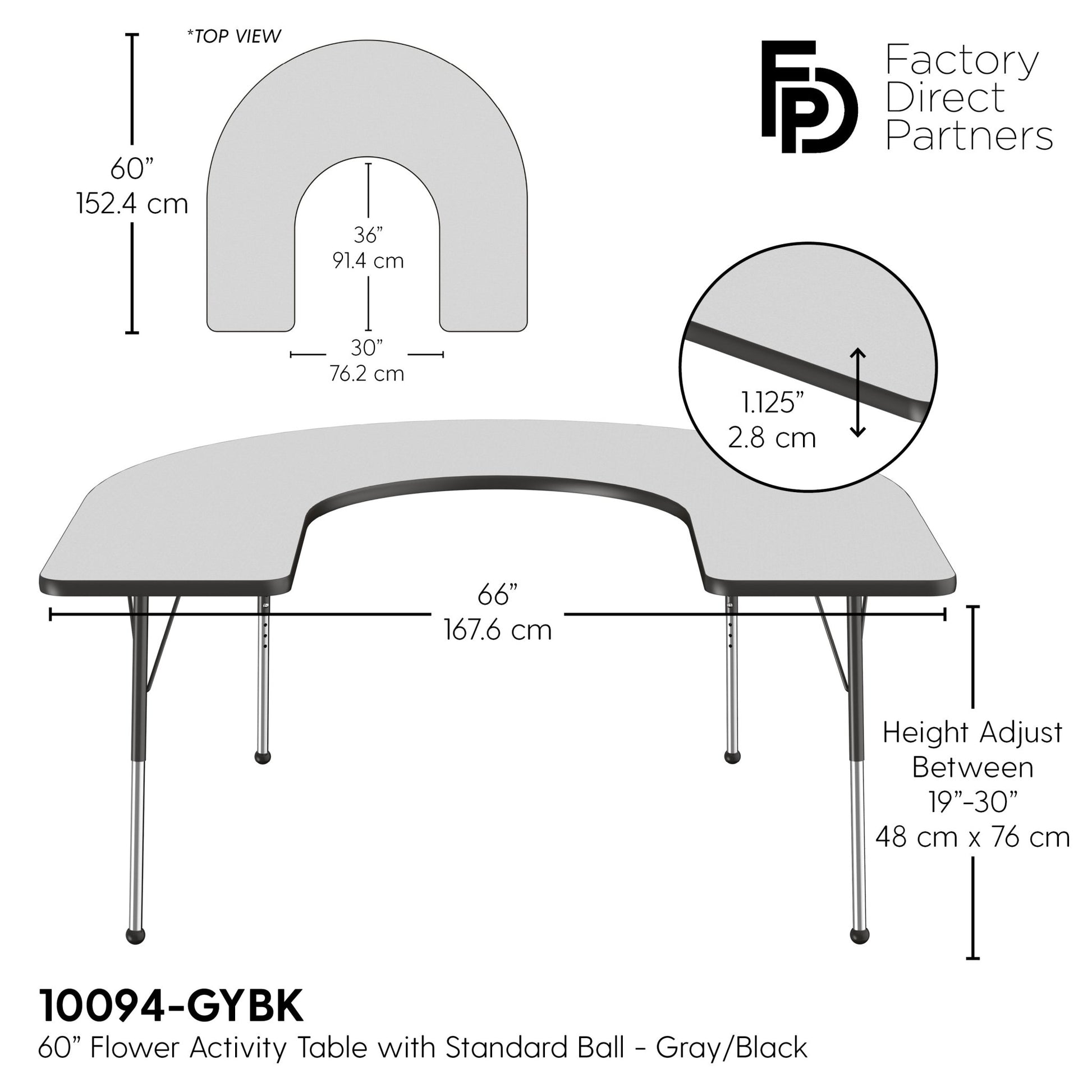 FDP 60" x 66" Horseshoe T - Molding Activity Table with Adjustable Standard Ball Glide Legs (FDP - 10094 - XX) - SchoolOutlet