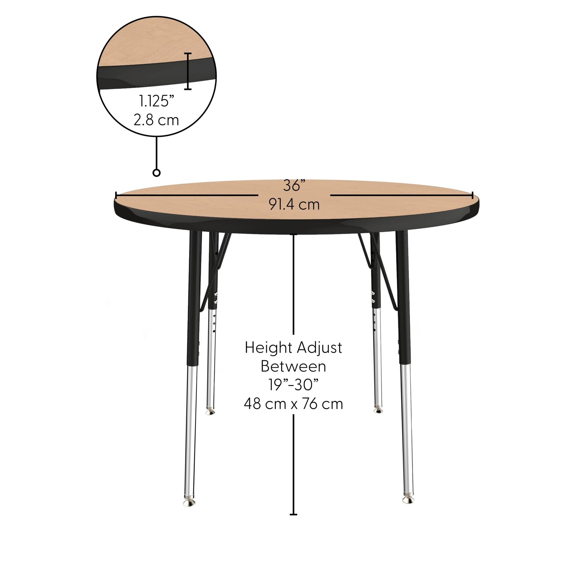 FDP 36" Round Thermofused Activity Table with Adjustable Standard Swivel Glide Legs - Maple Top / Black Edge (FDP - 10119 - MPBK) - SchoolOutlet