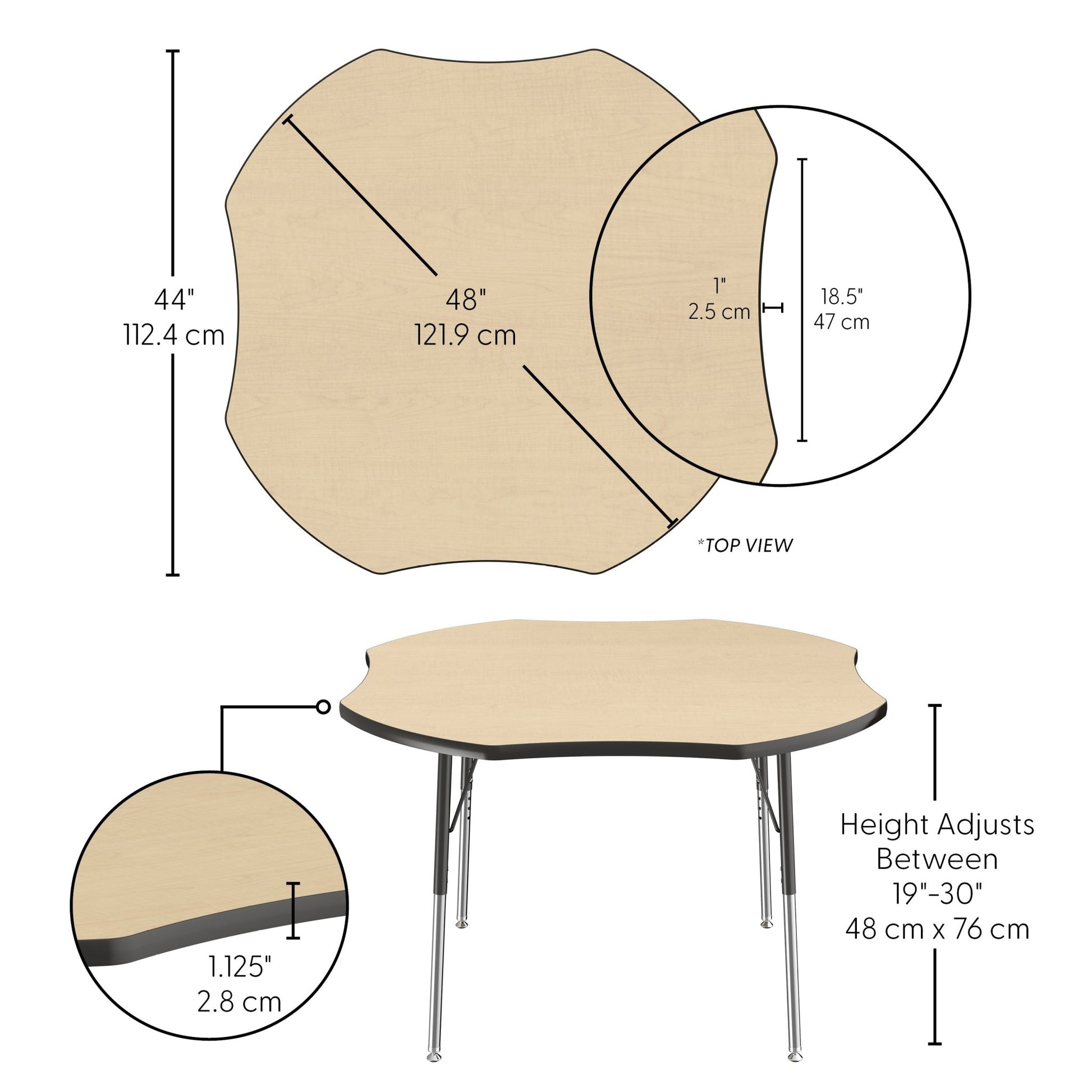 FDP 48" x 48" Clover Thermofused Activity Table with Adjustable Standard Swivel Glide Legs - Maple Top / Black Edge (10130 - MPBK) - SchoolOutlet