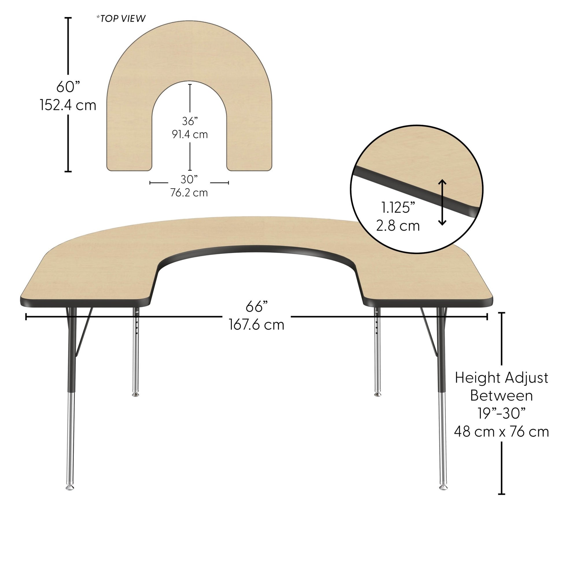 FDP 60" x 66" Horseshoe Thermofused Activity Table with Adjustable Standard Swivel Glide Legs - Maple Top / Black Edge (10133 - MPBK) - SchoolOutlet