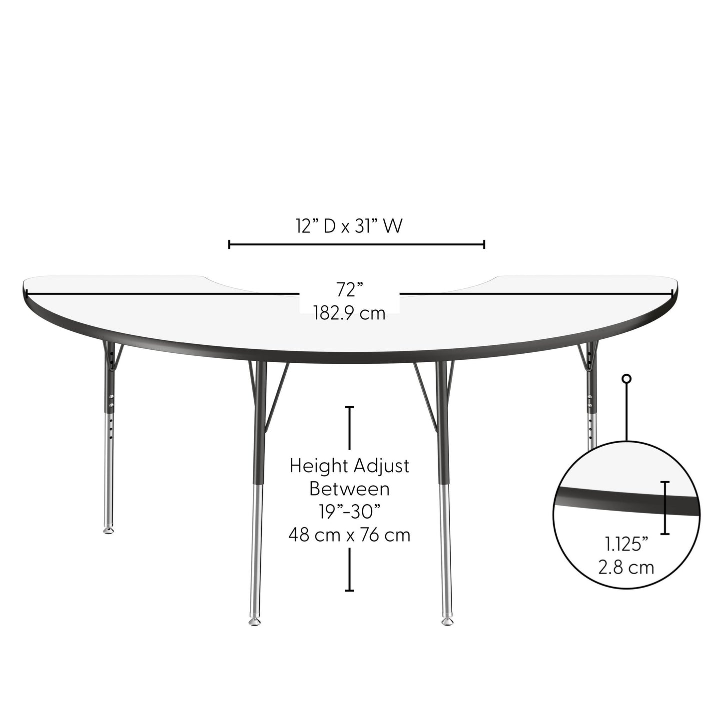FDP 36" x 72" Half Moon Dry - Erase Activity Table with Adjustable Standard Swivel Glide Legs (FDP - 10229 - XX) - SchoolOutlet