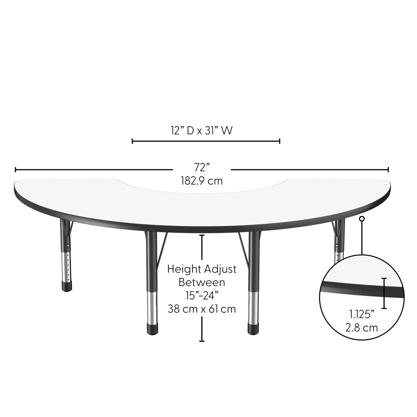 FDP 36" x 72" Half Moon Dry - Erase Activity Table with Adjustable Chunky Legs (FDP - 10231 - XX) - SchoolOutlet