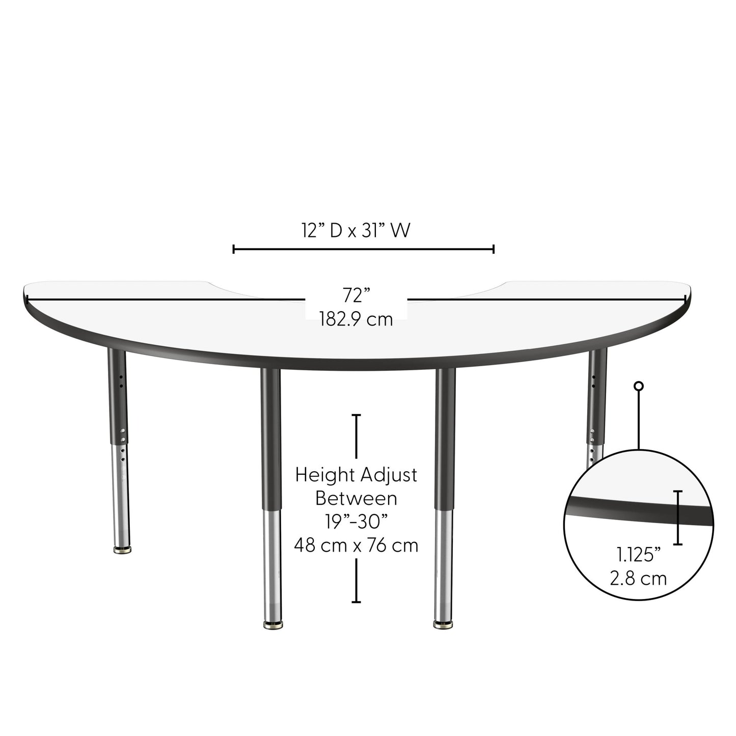 FDP 36" x 72" Half Moon Dry - Erase Activity Table with Adjustable Super Legs (FDP - 10232 - XX) - SchoolOutlet