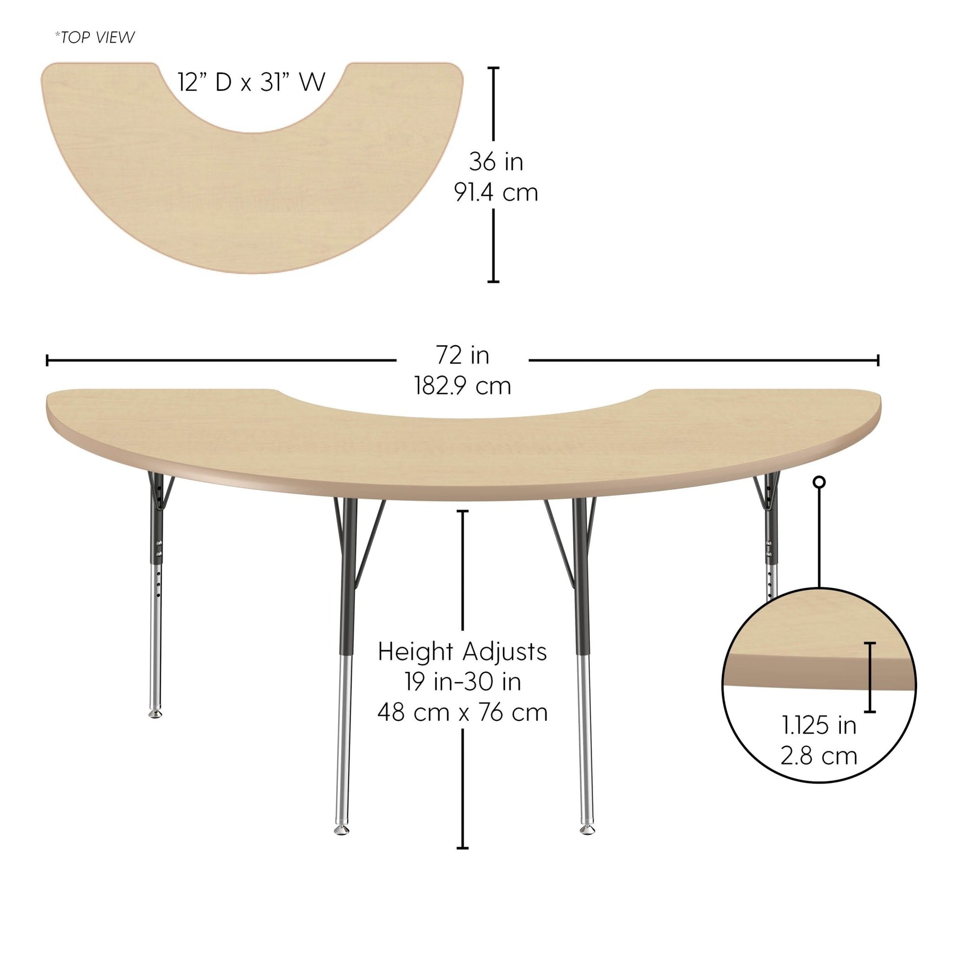 FDP 36" x 72" Half Moon La Madera Activity Table with Standard Legs (FDP - 13102 - XX) - SchoolOutlet