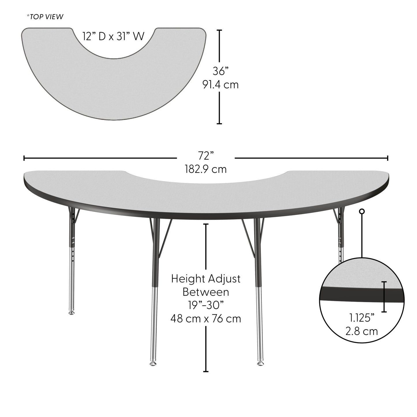 FDP 36" x 72" Half Moon Thermofused Activity Table with Adjustable Standard Ball Glide Legs (FDP - 14777 - XX) - SchoolOutlet