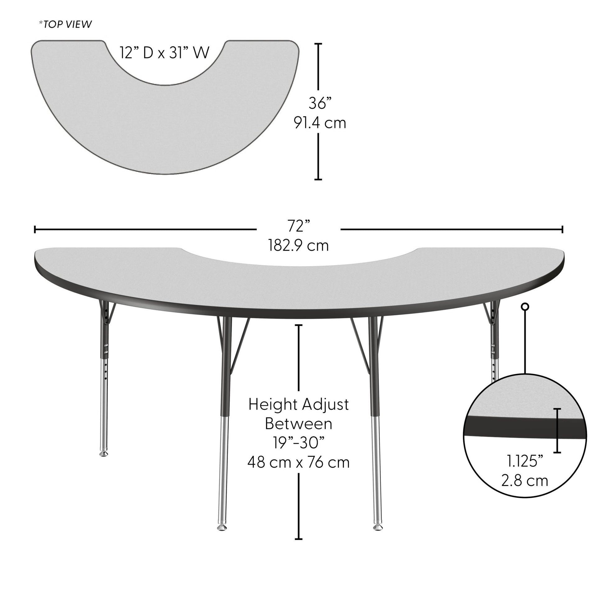 FDP 36" x 72" Half Moon Thermofused Activity Table with Adjustable Standard Ball Glide Legs (FDP - 14777 - XX) - SchoolOutlet