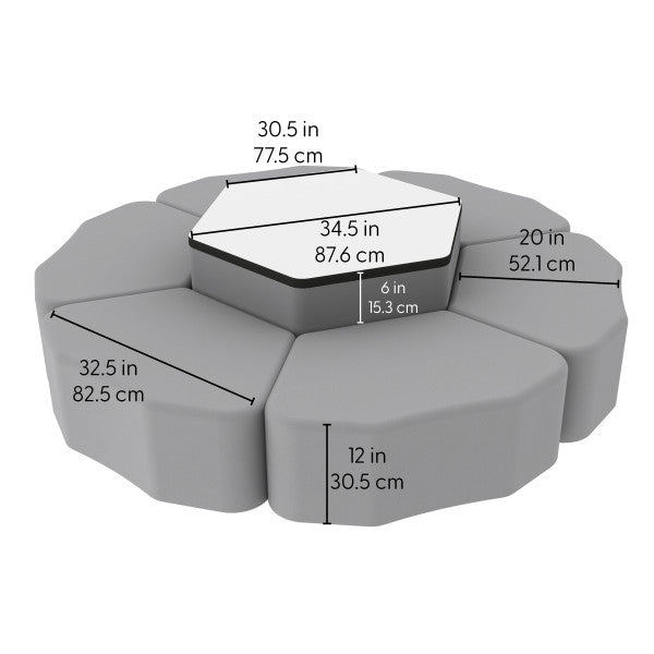 FDP Pro Series Dry - Erase Hexagon Ottoman Table with Petal 12" H Seating, 7 - Piece Set (15120 - XXXX) - SchoolOutlet