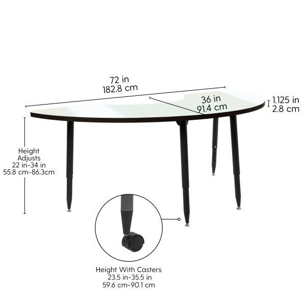 FDP Adapte 36" x 72" Half Moon Dry - Erase Activity Table with Adjustable Tapered Legs (15641 - XXXX) - SchoolOutlet
