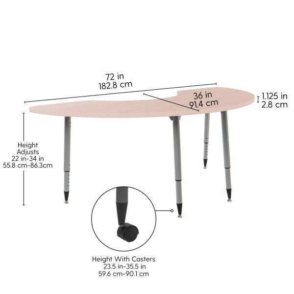 FDP Adapte 36" x 72" Half Moon Woodgrain Activity Table with Adjustable Tapered Legs 22" - 34" (FDP - 15655 - XXX) - SchoolOutlet