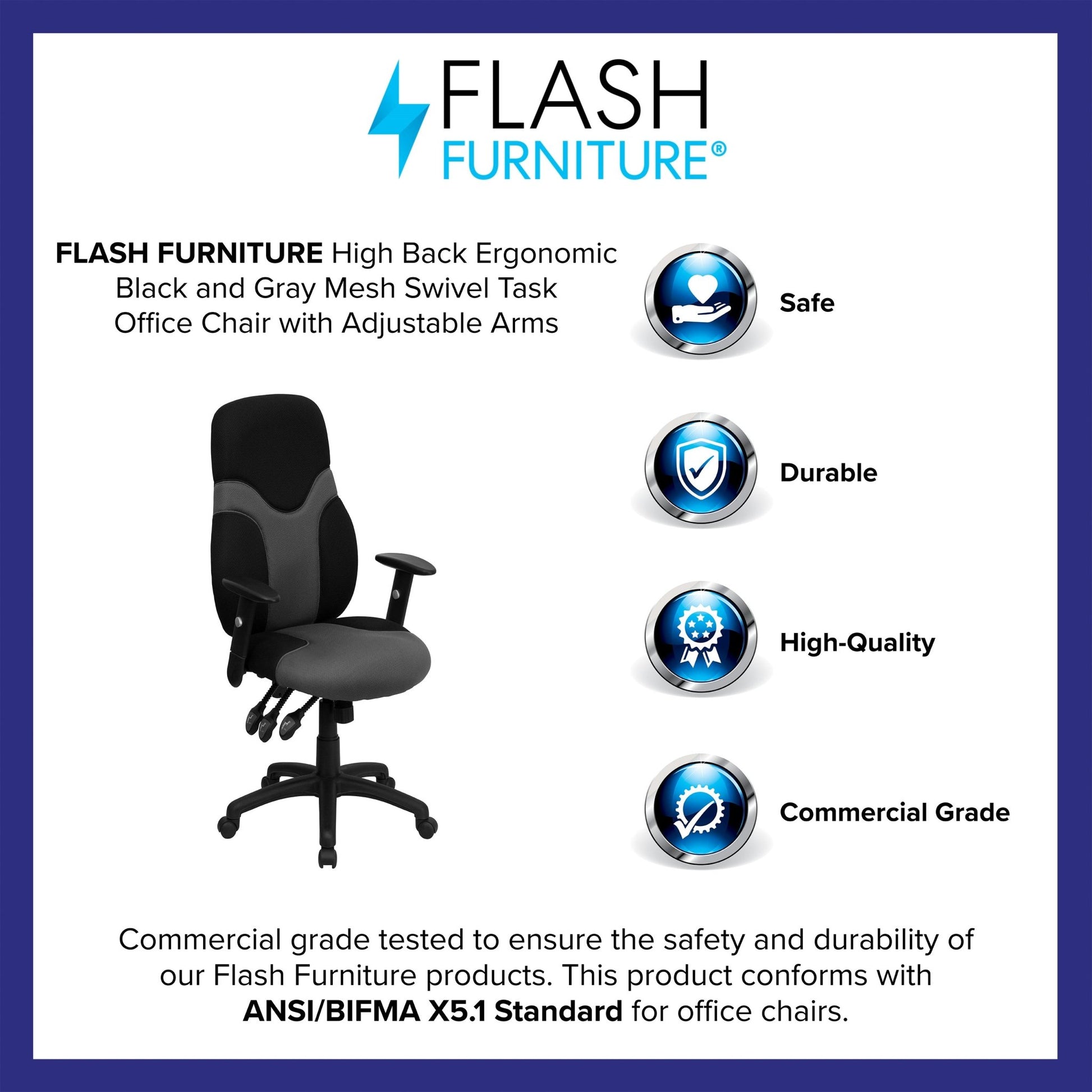 Abbott Swivel Task Office Chair with Adjustable Arms, High Black Back Ergonomic and Gray Mesh by Flash Furniture - SchoolOutlet