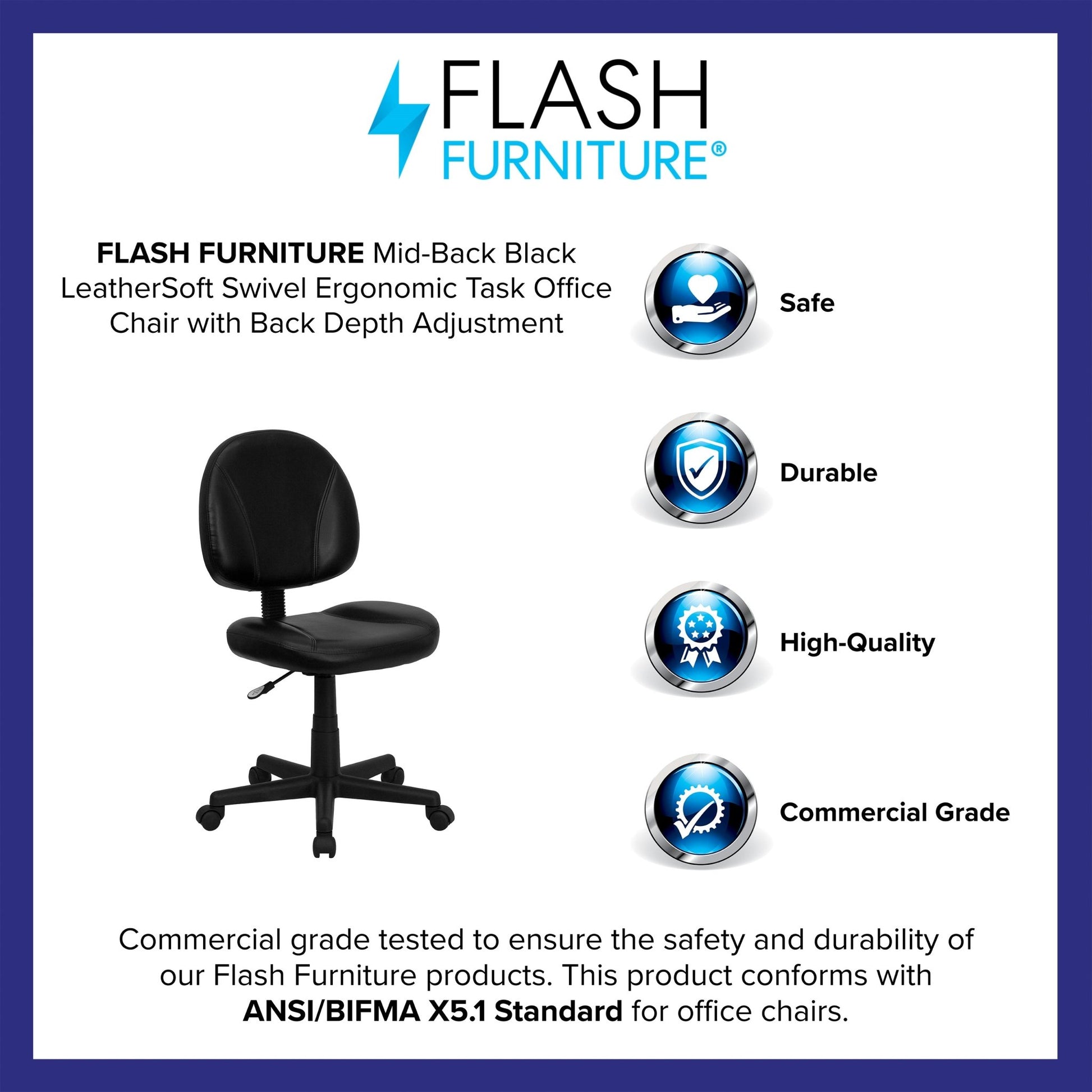 Ronald Swivel Ergonomic Task Office Chair with Mid - Back Black LeatherSoft and Back Depth Adjustment by Flash Furniture - SchoolOutlet