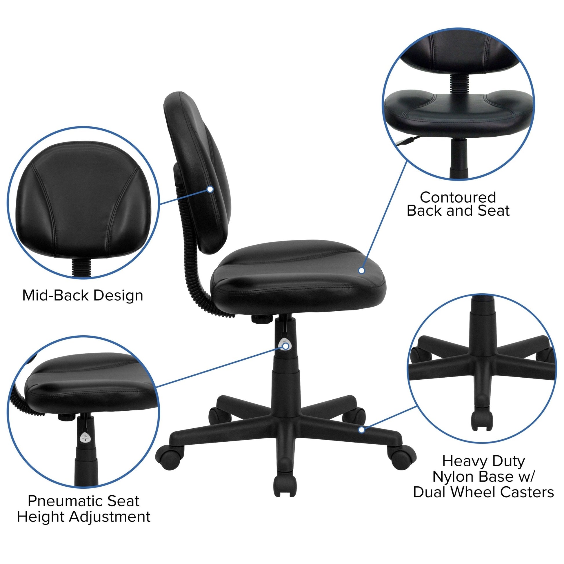 Ronald Swivel Ergonomic Task Office Chair with Mid - Back Black LeatherSoft and Back Depth Adjustment by Flash Furniture - SchoolOutlet
