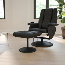 Hall Massaging Heat Controlled Adjustable Recliner and Ottoman with Wrapped Base in Black LeatherSoft by Flash Furniture