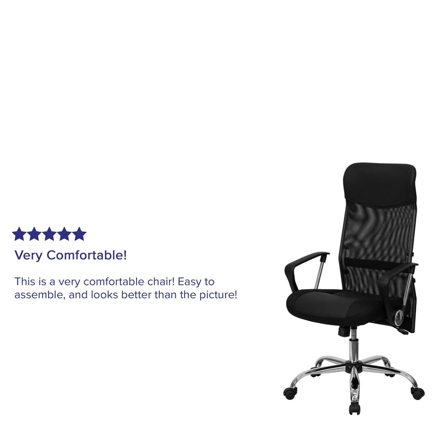 Abney Swivel Task Office Chair with Arms, High Back Black Leather and Mesh by Flash Furniture - SchoolOutlet