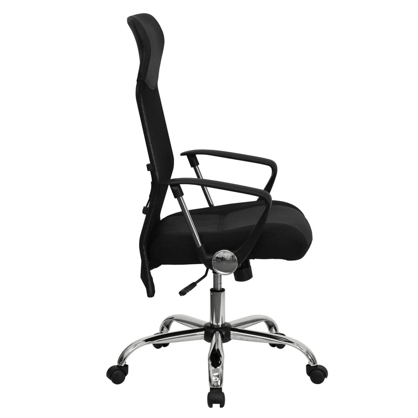 Abney Swivel Task Office Chair with Arms, High Back Black Leather and Mesh by Flash Furniture - SchoolOutlet
