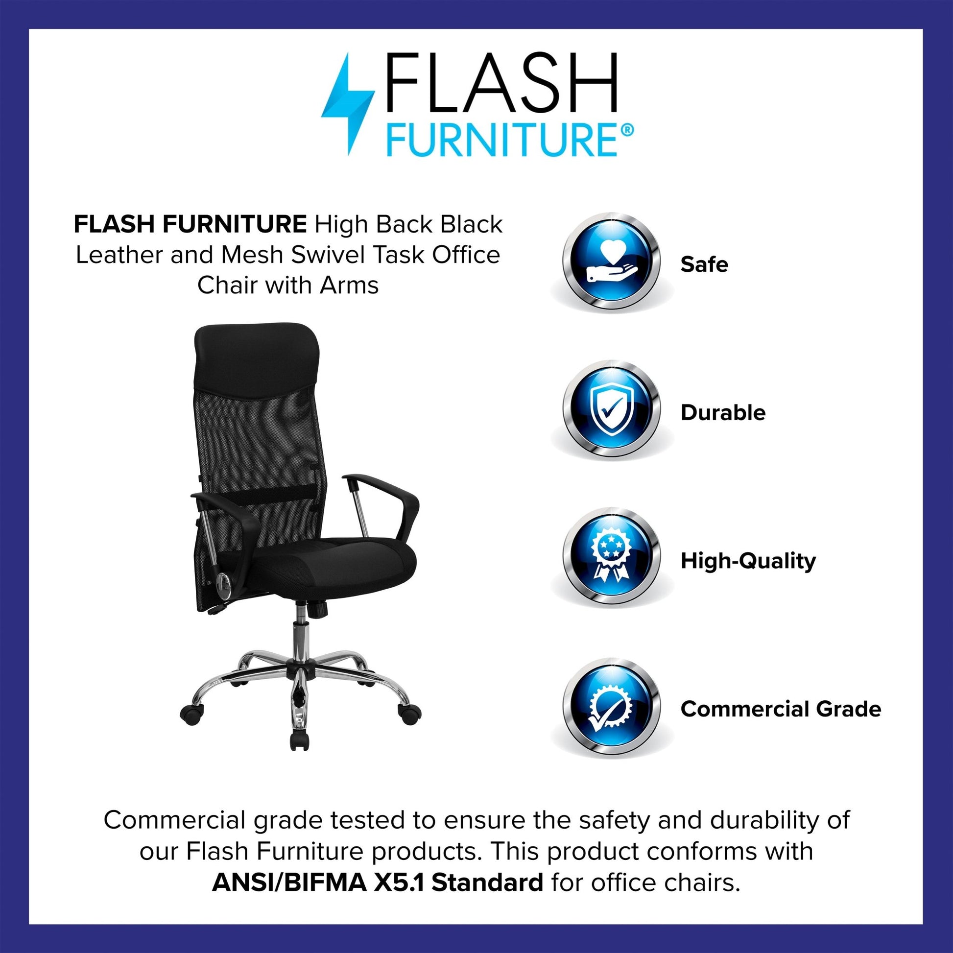 Abney Swivel Task Office Chair with Arms, High Back Black Leather and Mesh by Flash Furniture - SchoolOutlet