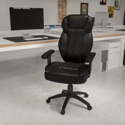 Hansel High Back Black LeatherSoft Multifunction Executive Swivel Ergonomic Office Chair with Lumbar Support Knob with Arms by Flash Furniture