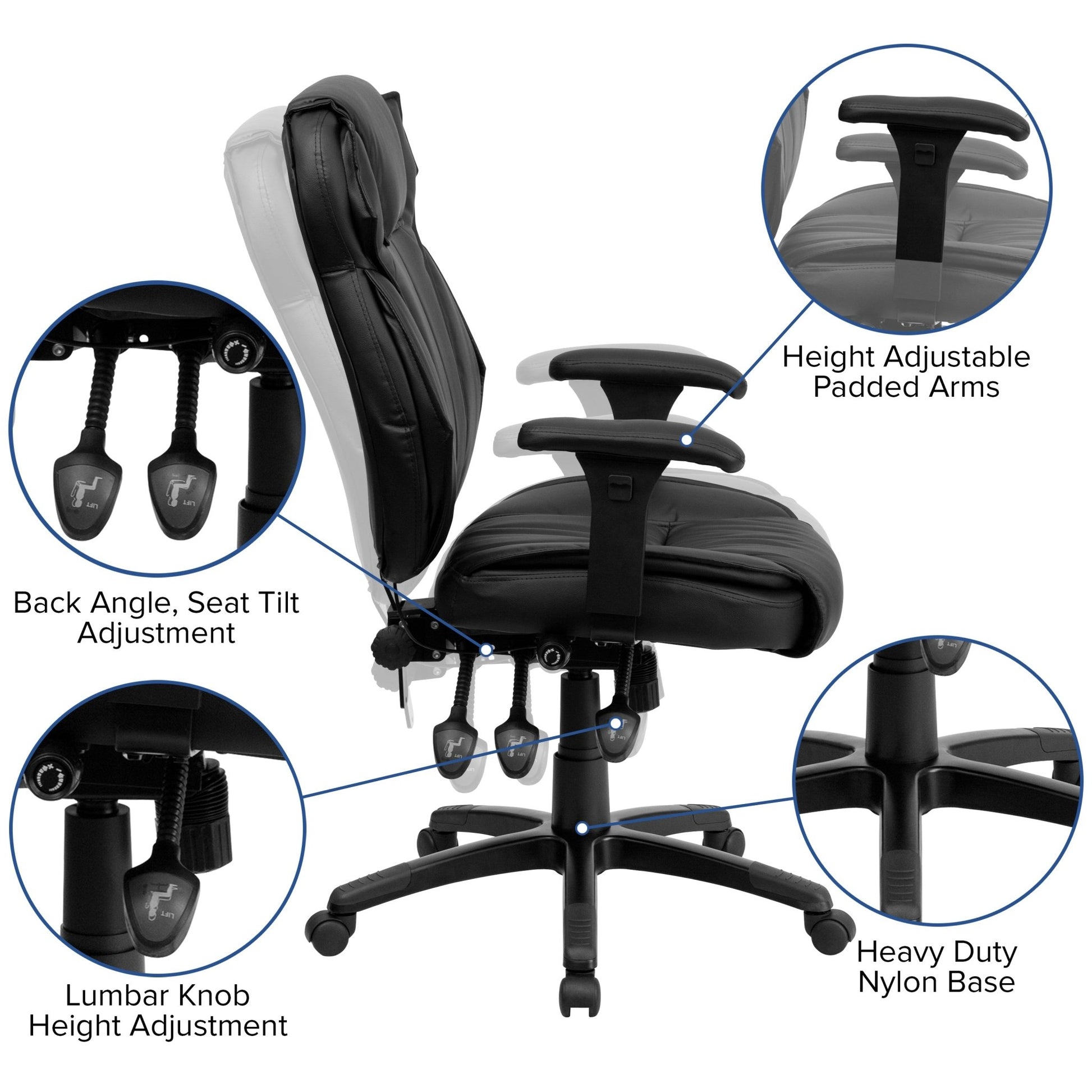 Hansel High Back Black LeatherSoft Multifunction Executive Swivel Ergonomic Office Chair with Lumbar Support Knob with Arms by Flash Furniture - SchoolOutlet