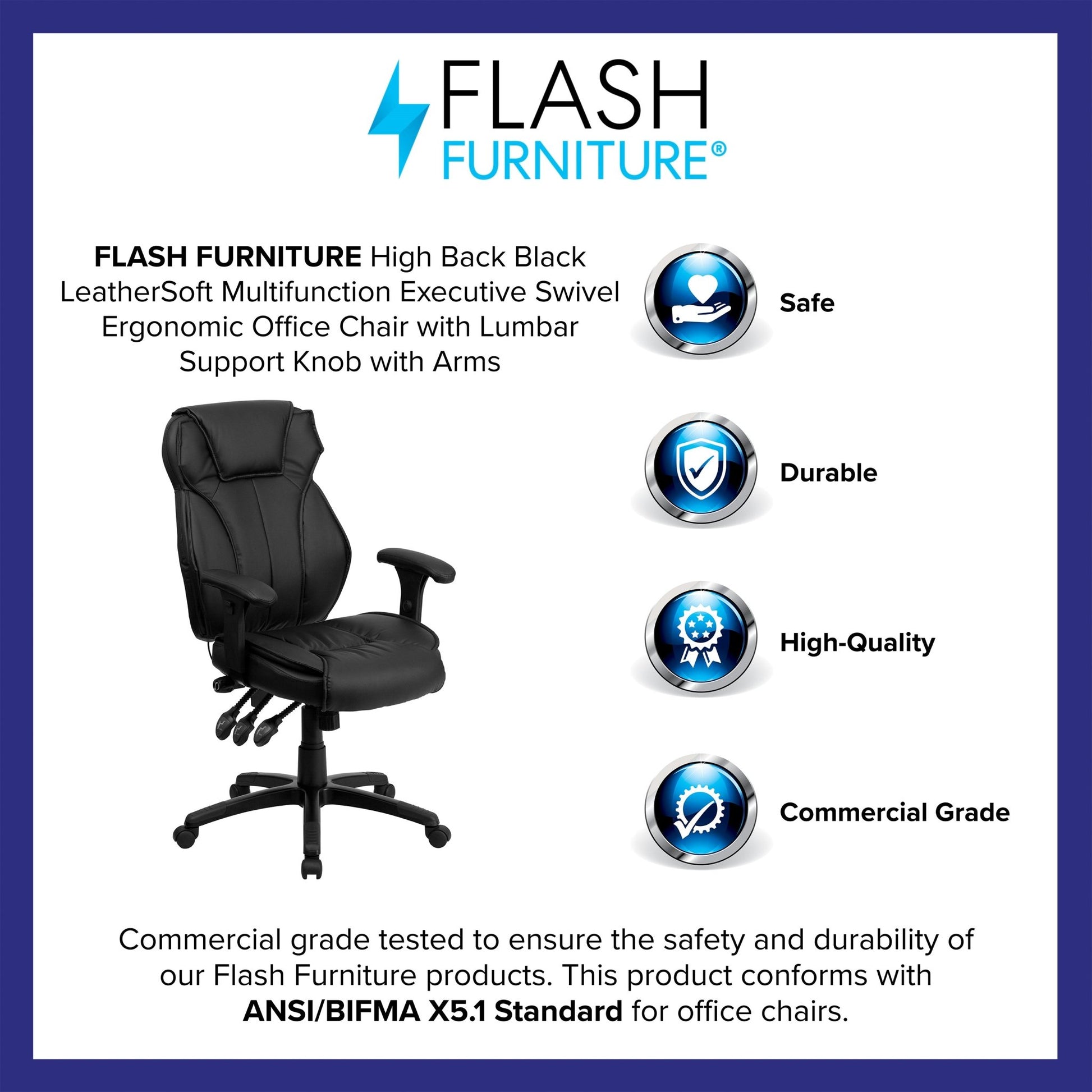 Hansel High Back Black LeatherSoft Multifunction Executive Swivel Ergonomic Office Chair with Lumbar Support Knob with Arms by Flash Furniture - SchoolOutlet