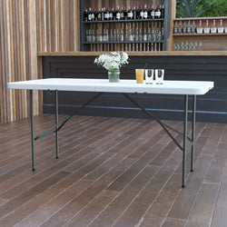 Elon 5-Foot Bi-Fold Rectangular Plastic Folding Table for Banquet and Events - Granite White by Flash Furniture