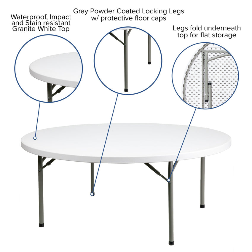 Elon 6 - Foot Round Plastic Folding Table for Banquet and Events, 1100 LB Static Load Capacity - Granite White by Flash Furniture - SchoolOutlet