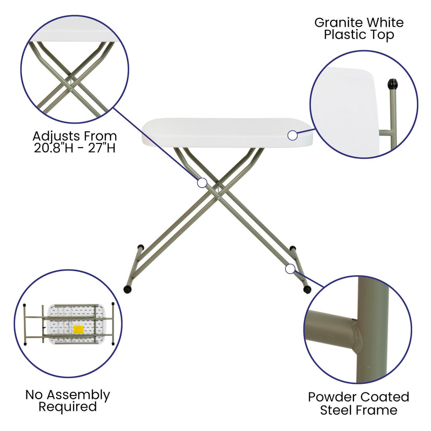 Elon 26 Inch Indoor/Outdoor Plastic Banquet and Event Folding Table with Adjustable Height - Granite White by Flash Furniture - SchoolOutlet