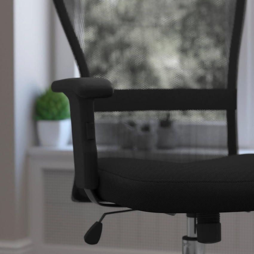 Jasmine Contemporary Swivel Task Office Chair with Mid - Back Black Mesh, Chrome Base and Adjustable Arms by Flash Furniture - SchoolOutlet
