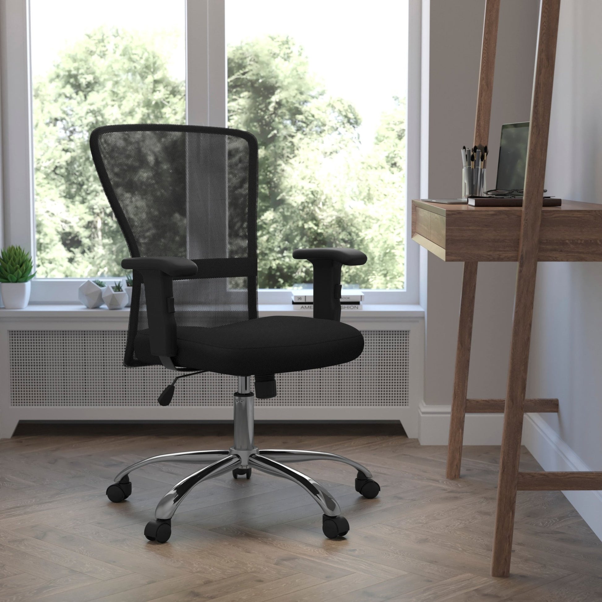 Jasmine Contemporary Swivel Task Office Chair with Mid - Back Black Mesh, Chrome Base and Adjustable Arms by Flash Furniture - SchoolOutlet