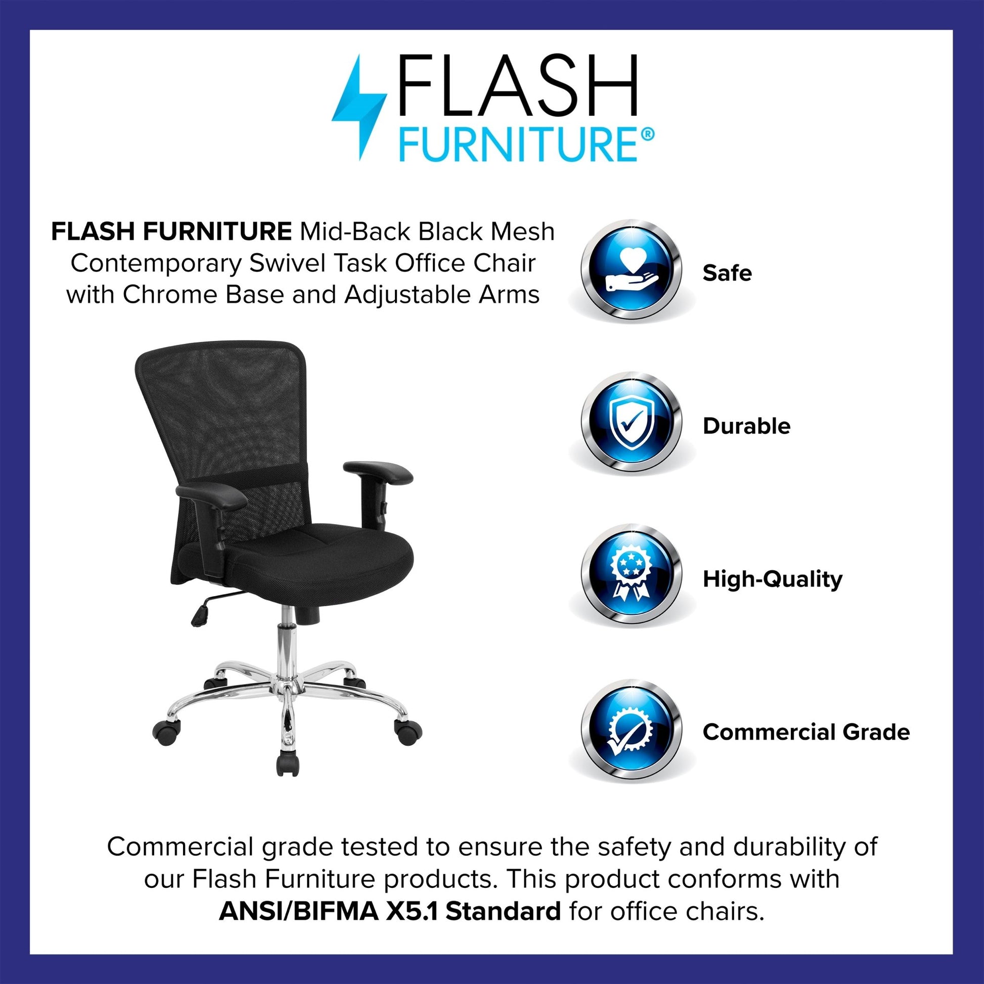 Jasmine Contemporary Swivel Task Office Chair with Mid - Back Black Mesh, Chrome Base and Adjustable Arms by Flash Furniture - SchoolOutlet