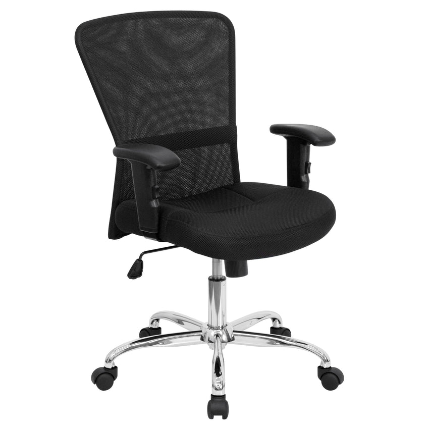 Jasmine Contemporary Swivel Task Office Chair with Mid - Back Black Mesh, Chrome Base and Adjustable Arms by Flash Furniture - SchoolOutlet