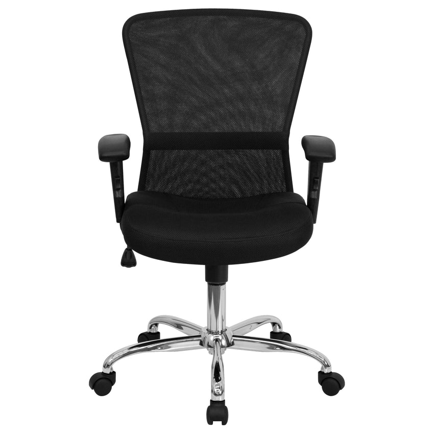 Jasmine Contemporary Swivel Task Office Chair with Mid - Back Black Mesh, Chrome Base and Adjustable Arms by Flash Furniture - SchoolOutlet