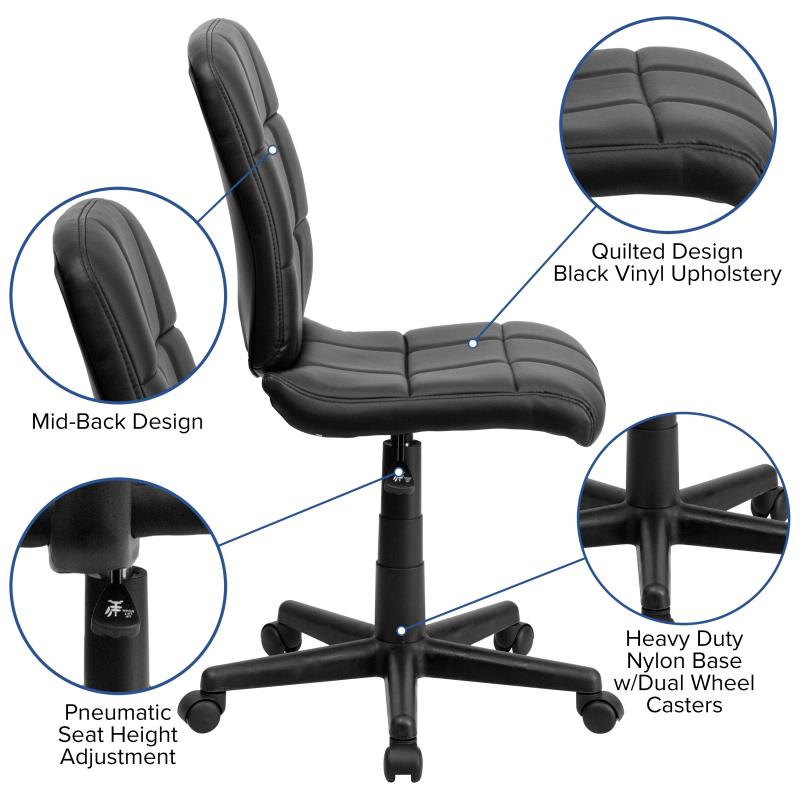 Flash Furniture Clayton Mid - Back Quilted Vinyl Swivel Task Office Chair Upholstery and Ergonomic Pneumatic Height Adjustment 16.75 - 21.75"H (FLA - GO16911XXX) - SchoolOutlet