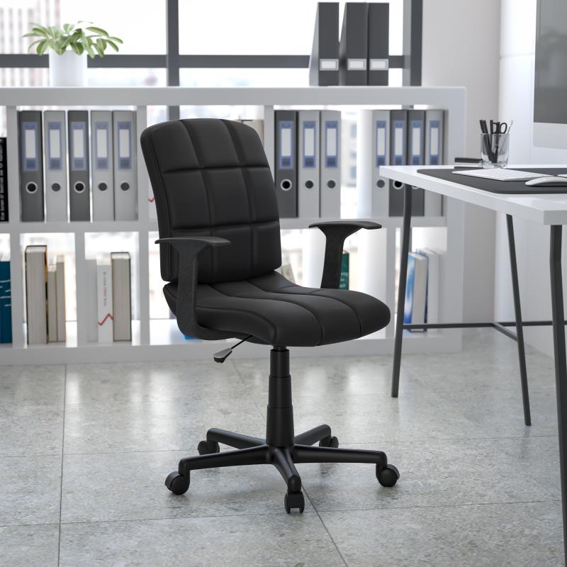 Flash Furniture Clayton Mid - Back Quilted Vinyl Swivel Task Office Chair Upholstery Padded Arms and Chrome Base 16.75 - 21.75"H (FLA - GO16911XXXA) - SchoolOutlet