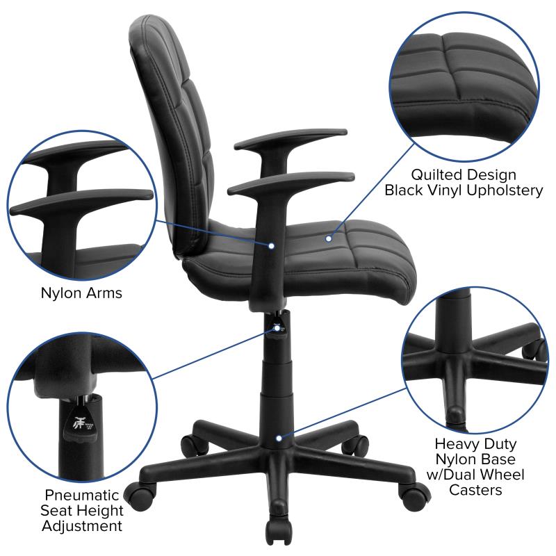 Flash Furniture Clayton Mid - Back Quilted Vinyl Swivel Task Office Chair Upholstery Padded Arms and Chrome Base 16.75 - 21.75"H (FLA - GO16911XXXA) - SchoolOutlet