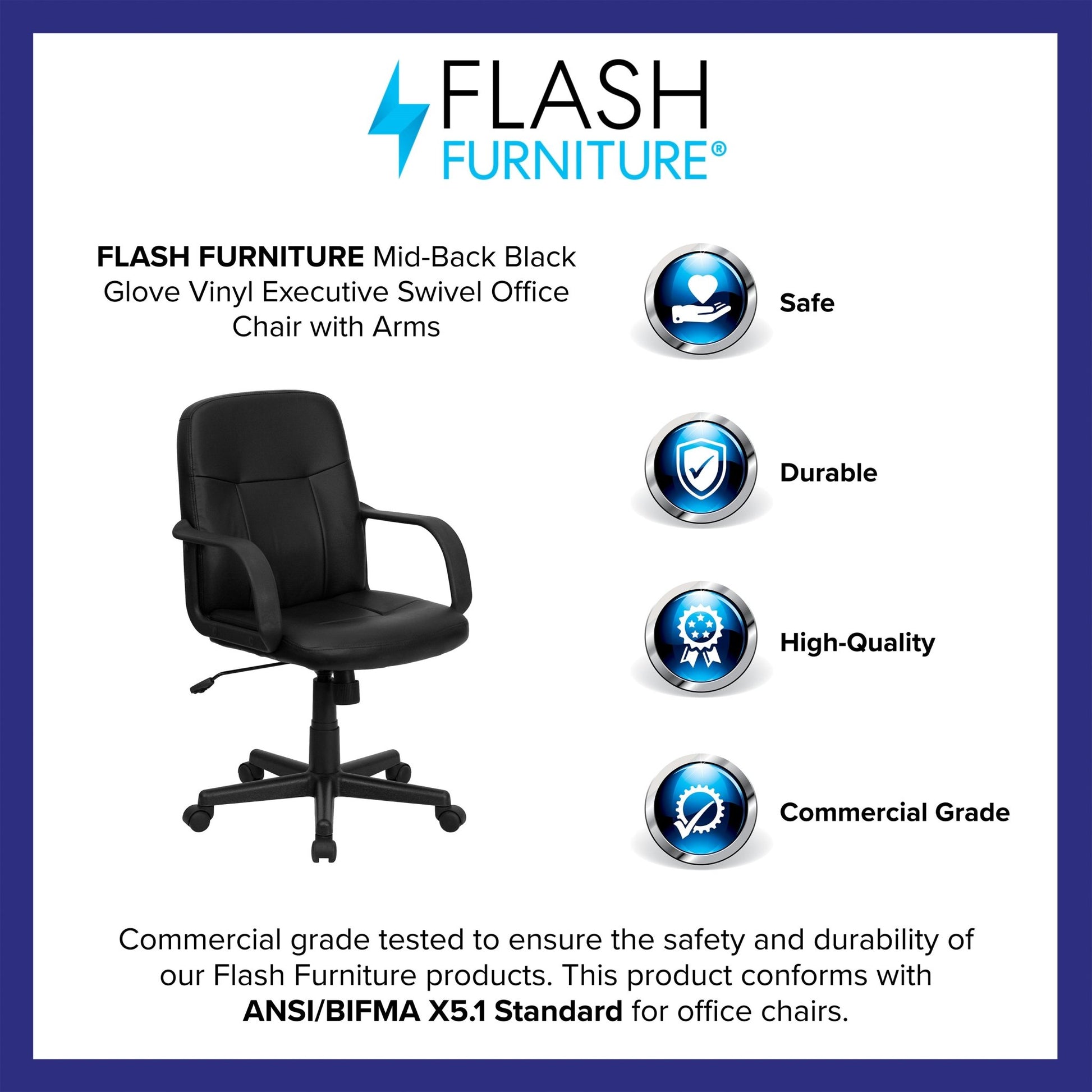 Paulson Executive Swivel Office Chair with Arms, Mid - Back Black Glove Vinyl by Flash Furniture - SchoolOutlet