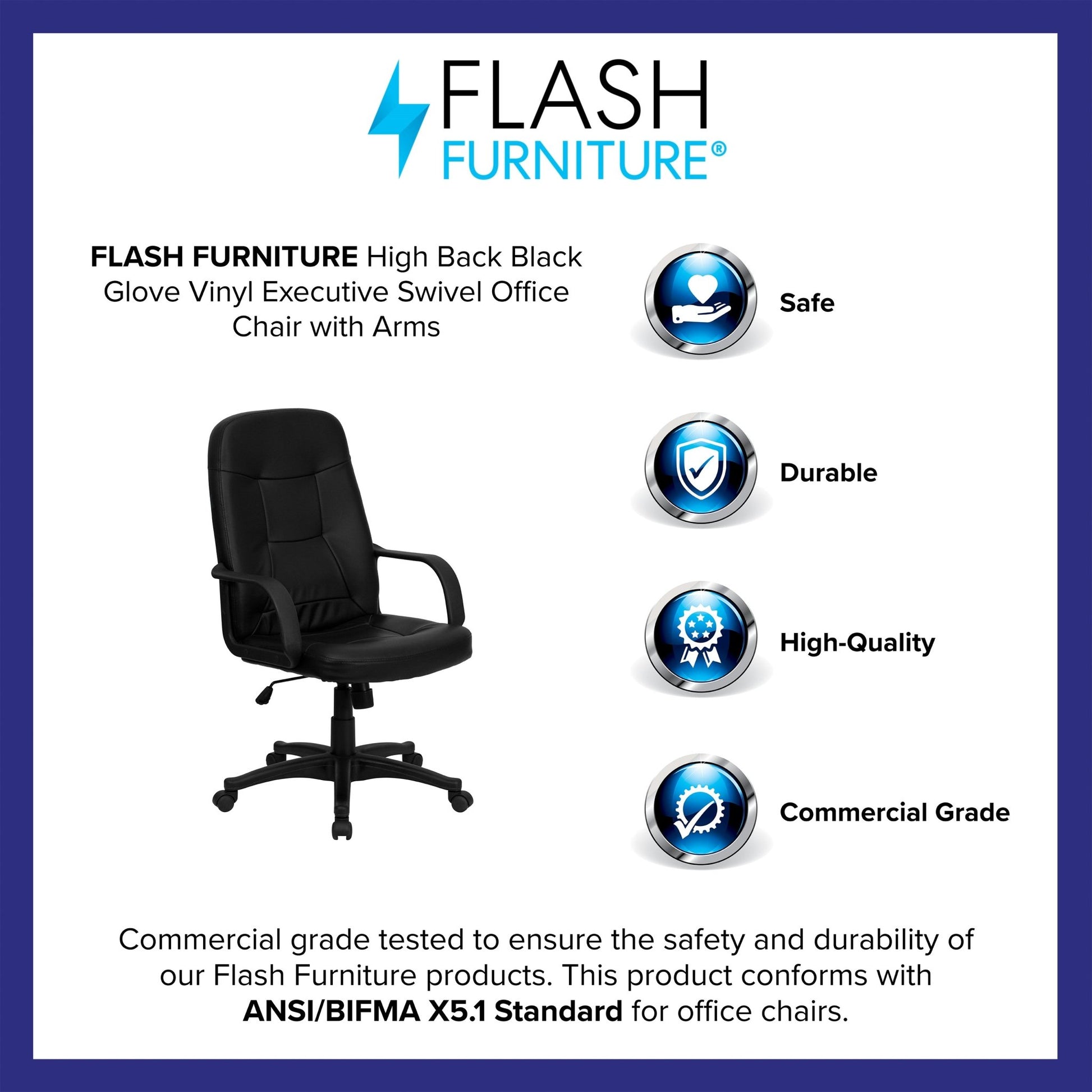 Holly Executive Swivel Office Chair with Arms, High Back Black Glove Vinyl by Flash Furniture - SchoolOutlet